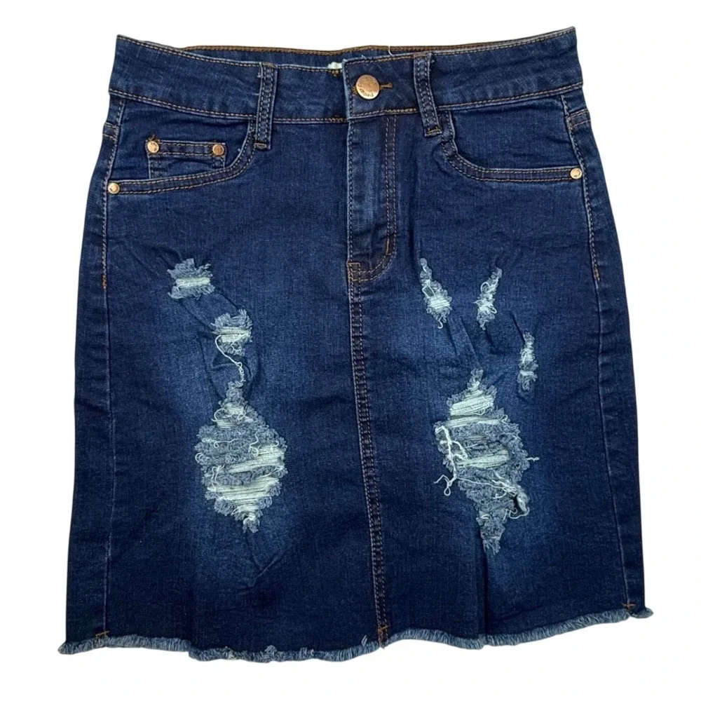 Olly Z. Womens Distressed Denim Mini Skirt Dark Wash Raw‎ Hem M New Y2K edgy